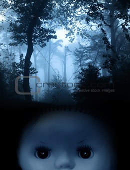 Vintage spooky doll and landscape of foggy forest 