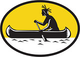 Native American Indian Paddling Canoe Woodcut