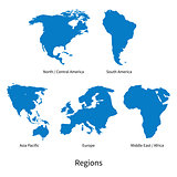 Detailed vector map of North - Central America, Asia Pacific, Europe, South America, Middle and East Africa Regions