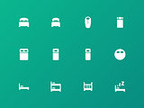 Bed, bunk and sleeping bag icons on green background.