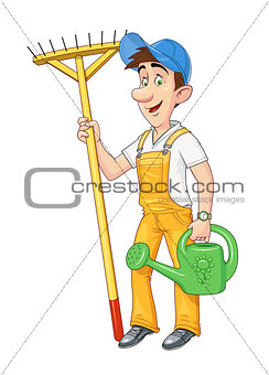 Gardener with rake and watering can. Working occupation.
