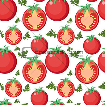 Tomato seamless pattern. Tomatoes endless background, texture. Vegetable backdrop. Vector illustration.