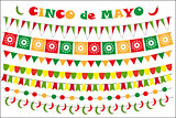 Cinco de Mayo celebration set of colored flags, garlands, bunting. Flat style, isolated on white background. Vector illustration, clip art.