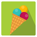 Ice cream cone icon flat style with long shadows, isolated on white background. Vector illustration.