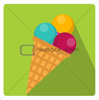 Ice cream cone icon flat style with long shadows, isolated on white background. Vector illustration.