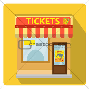 Cashier building with tickets to the circus icon flat style with long shadows, isolated on white background. Vector illustration.