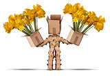 Boxman character holding two boxes of flower