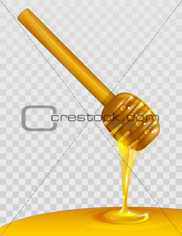 Wooden honey dipper and honey on transparent background