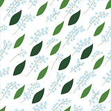 Seamless pattern of Lily of the valley sprigs with leaves on a white background.