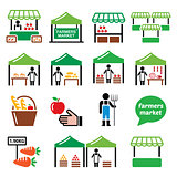 Farmers market, food market with fresh local produce icons set