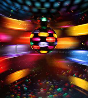 Colorful disco ball rotating light reflections