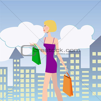 Woman Shopping. Girl with shopping bags walking down the street