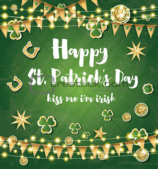 Saint Patrick's Day Background with Clover Leaves, Neon Lights a