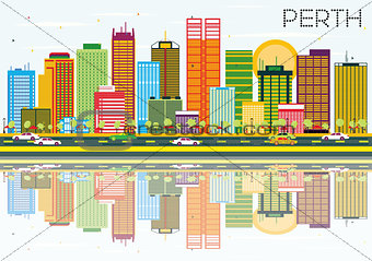 Perth Skyline with Color Buildings, Blue Sky and Reflections.