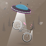 Alien flying with lights took the bike. Funny cartoon vector illustration .