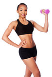 Happy healthy black asian woman with dumbbell