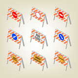 Set of road signs repairs in isometric, vector illustration.