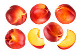 Peach isolated. Collection of whole and cut peach fruits isolated on white background with clipping path