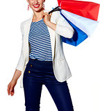Closeup on happy woman with French flag colours shopping bags