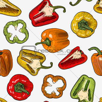 Seamless pattern with hand drawn sketch style peppers isolated on white background.
