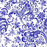 Doodle paisley seamless pattern. Gradient floral elements on white background. Gzhel. Watercolor imitation. Two colors print