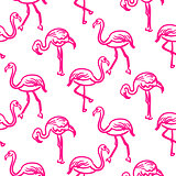 Flamingo hot pink outline sketch seamless vector texture.
