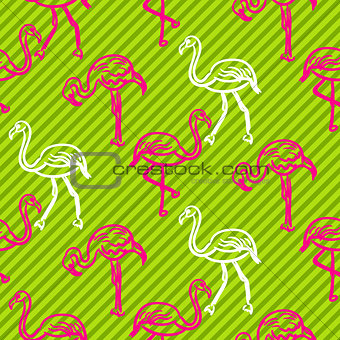 Green and pink striped flamingo bird pattern.