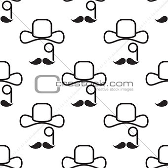 Gentleman hat, mustache and monocle seamless pattern.