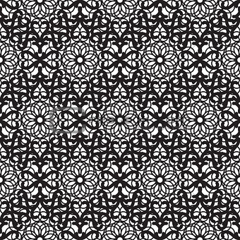 Mandala lace dense black seamless pattern.