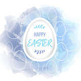Happy Easter lettering on white paper egg. Traditional religions symbol on watercolor digital imitation background with hand drawn lineart elements. Vector illustration