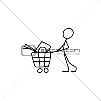 Stick figure man pushing shopping cart icon
