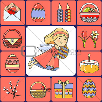 Vector illustration of set Easter icons and Angel.