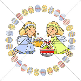 Vector Greeting card with Angel, basket, cake and eggs.