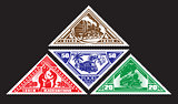 four colored pattern of postage stamp with vintage trains, blacksmiths, food truck