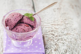 blueberry ice cream balls decorated with mint leaves