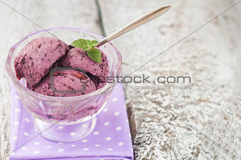 blueberry ice cream balls decorated with mint leaves