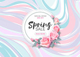 Spring sale vector banner design with flowers and frame. Pink roses on marble background.