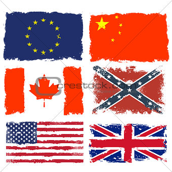 Set of shabby flags of Canada, China, Confederate army, European