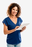 Happy woman working with a tablet