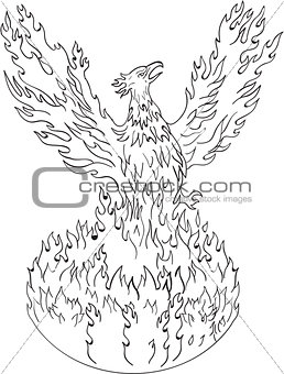 Phoenix Rising Fiery Flames Black and White Drawing