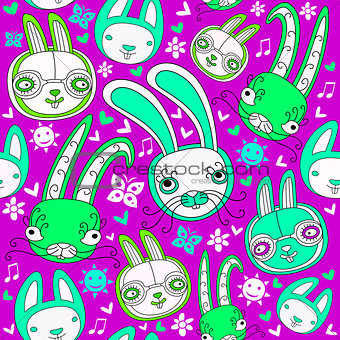 Seamless pattern with doodle rabbits