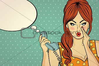 Sexy pop art woman talking on a retro phone
