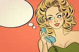 Sexy pop art woman in party dress talking on a retro phone and s