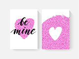 Valentine's day cards with hand lettring and pink glitter details.