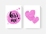 Valentine's day cards with hand lettring and pink glitter details.