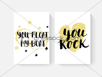 Valentine\'s day cards with hand lettring and gold glitter details.
