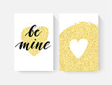 Valentine's day cards with hand lettring and gold glitter details.