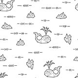 Seamless black and white kids tribal vector pattern with whales and arrows.