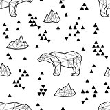 Seamless black and white kids tribal vector pattern with polar bears and triangles.