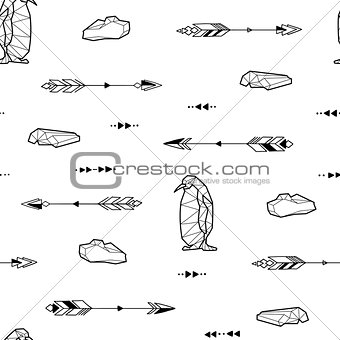 Seamless black and white kids tribal vector pattern with penguins and arrows.